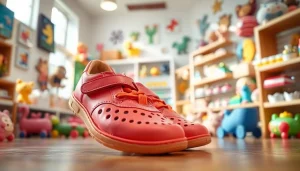 Präsentation von orthopädischen Kinderschuhen in einem einladenden Geschäft mit kinderfreundlicher Dekoration.