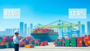 Analyze import tariffs from China with visual data representation showing customs inspections and cargo.