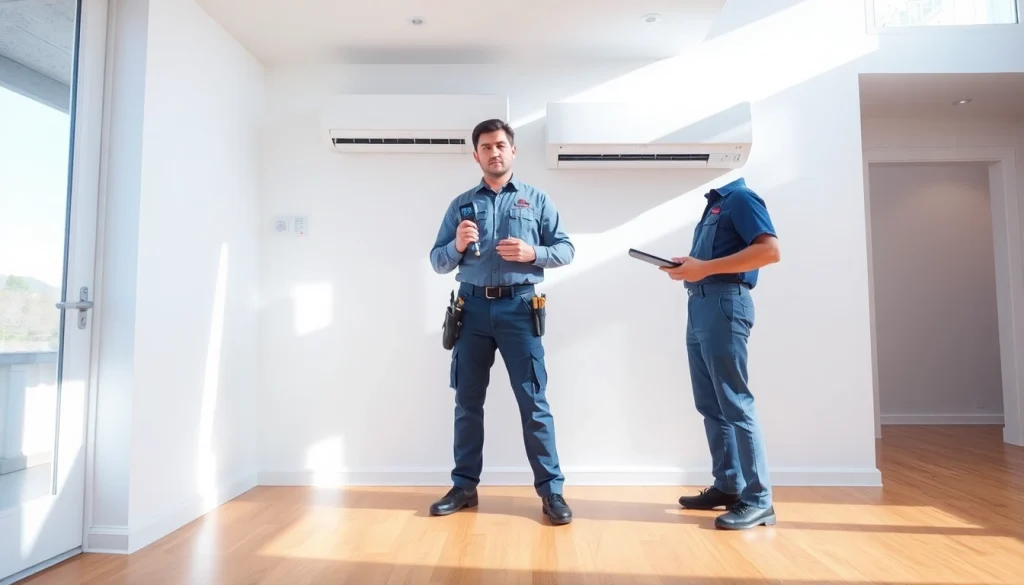 Technician providing Los Angeles HVAC services while inspecting a modern air conditioning unit indoors.