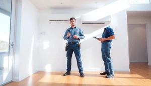 Technician providing Los Angeles HVAC services while inspecting a modern air conditioning unit indoors.