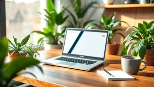 Αγορά refurbished laptop με μοντέρνο σχεδιασμό σε επαγγελματικό γραφείο.