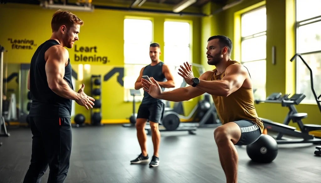 Engaging gym training consultation featuring a personal trainer and client in a modern fitness studio.