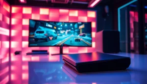 Pengaturan gaming LXTOTO modern dengan pencahayaan LED yang menarik dan atmosfer dinamis.