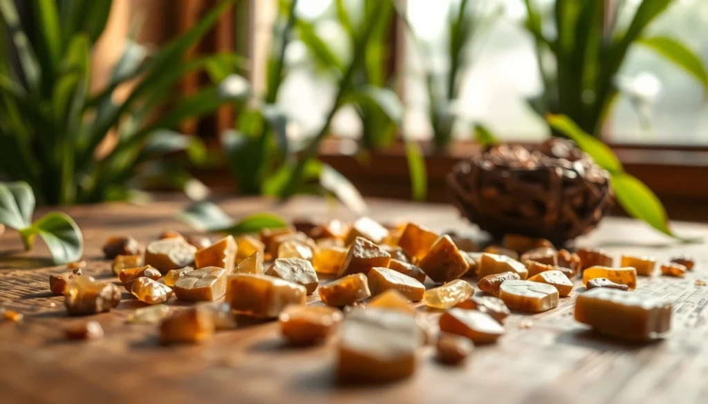 Crushed Benjoin resin surrounded by greenery, showcasing its natural beauty and texture.
