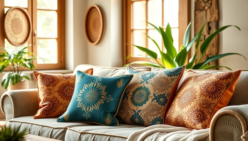 Cactus Silk Pillows arranged beautifully on a rustic sofa, enhancing a cozy, bohemian atmosphere.
