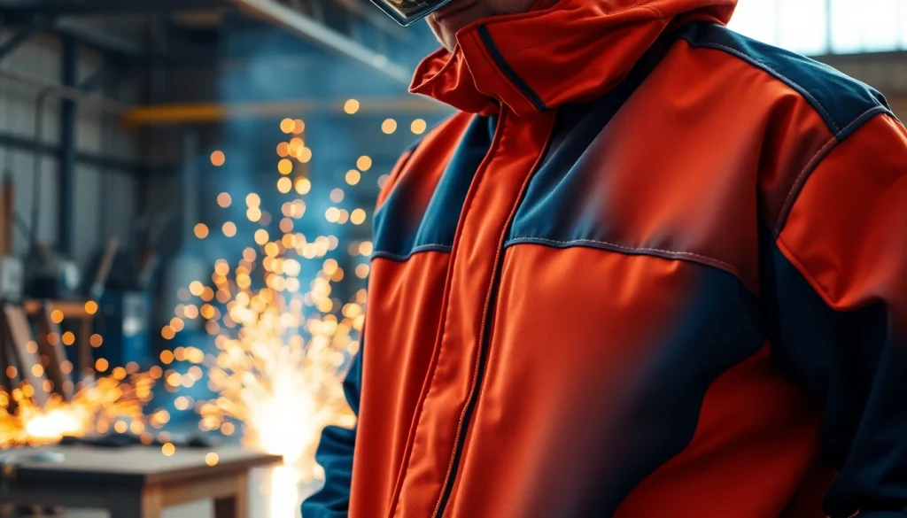 Welder demonstrating safety and protection in a high-quality welding jacket during work.
