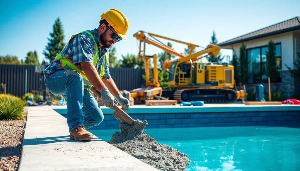 Showcasing the dynamic process of pool construction with a skilled contractor on-site.
