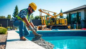 Showcasing the dynamic process of pool construction with a skilled contractor on-site.