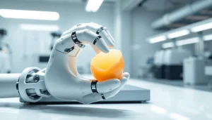 Soft gripper delicately lifting a fragile object in a professional lab setting.