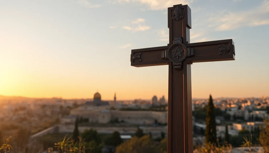 Admire intricate Jerusalem crosses displayed against Jerusalem's serene skyline during sunset.