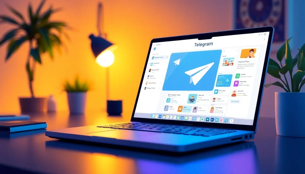 Interact with the Telegram電腦版 interface displayed on a sleek laptop in a cozy workspace.