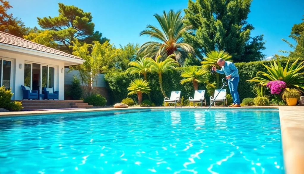 Expert swimming pool service Pinellas County with a technician maintaining a sparkling pool in a vibrant backyard.