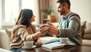 Couple practicing communication in relationships during a heartfelt conversation in a cozy setting.