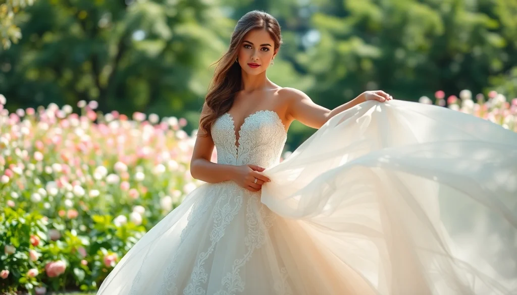 Bridal model showcasing stunning Mermaid Wedding Dresses in a floral outdoor setting.