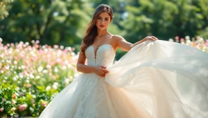 Bridal model showcasing stunning Mermaid Wedding Dresses in a floral outdoor setting.