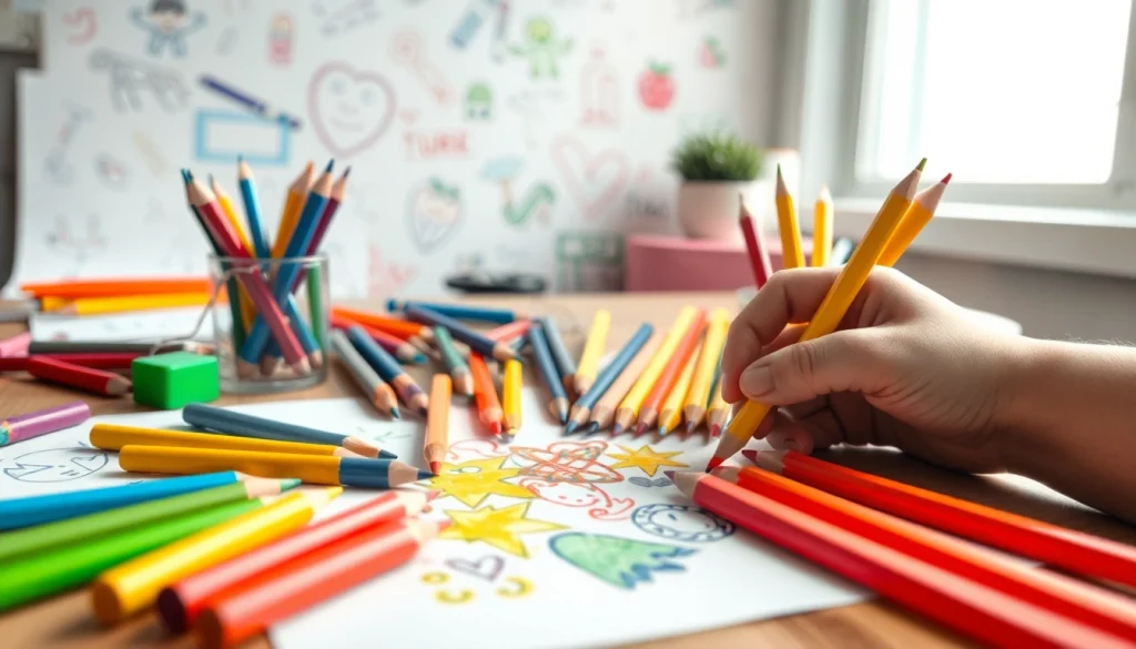 Kids colouring pencils beautifully arranged on a wooden table with colorful doodles.