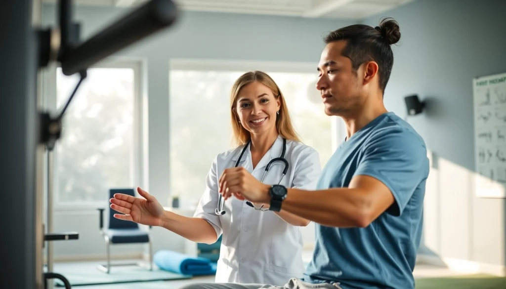 Find effective physiotherapy near me in a professional clinic setting with engaged therapist and patient.