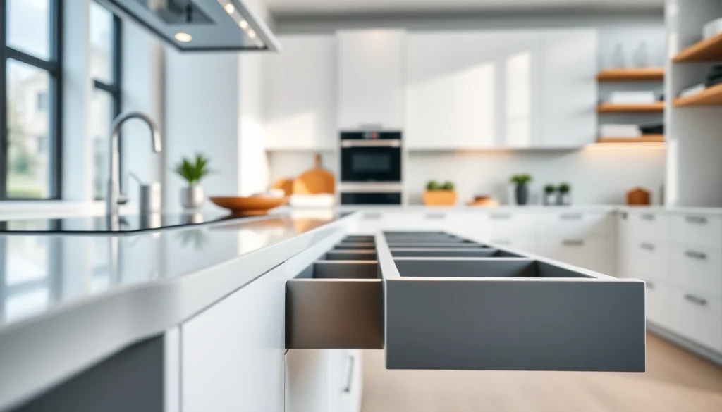 Showcase the slim box drawer system in a stylish kitchen, highlighting its sleek design and functionality.
