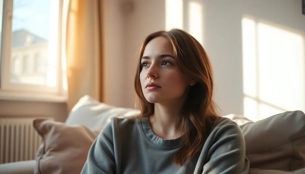 A reflective moment showing a woman contemplating avoidant personality disorder in a serene setting.