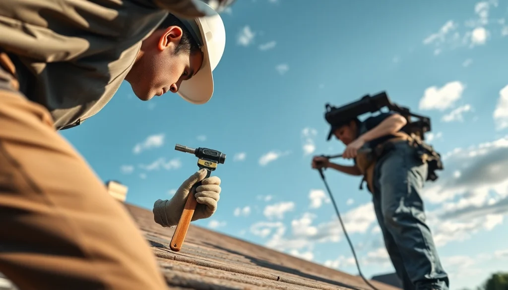 Emergency roof repair Texas services demonstrated by a technician inspecting damage on a home.
