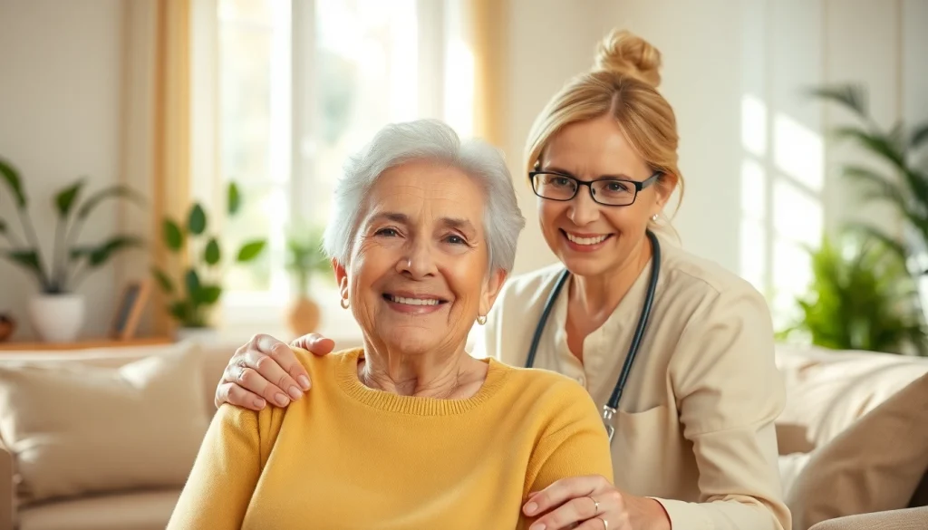Austin senior home care professional assists a senior with a warm smile in a cozy living room.