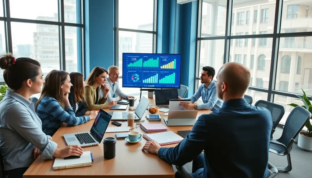 Engaging team strategizing on digital marketing Edmonton in a modern office setup.