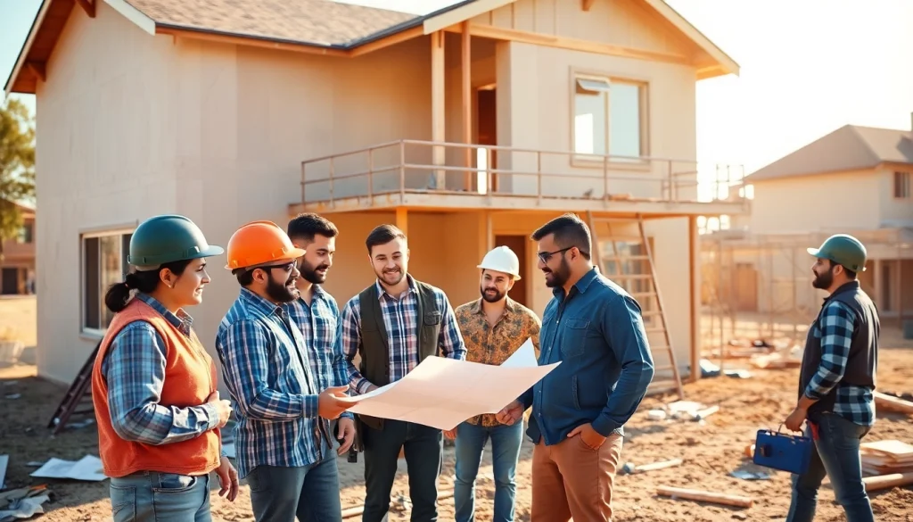 Austin construction crew collaborating on a residential project in bright sunlight.