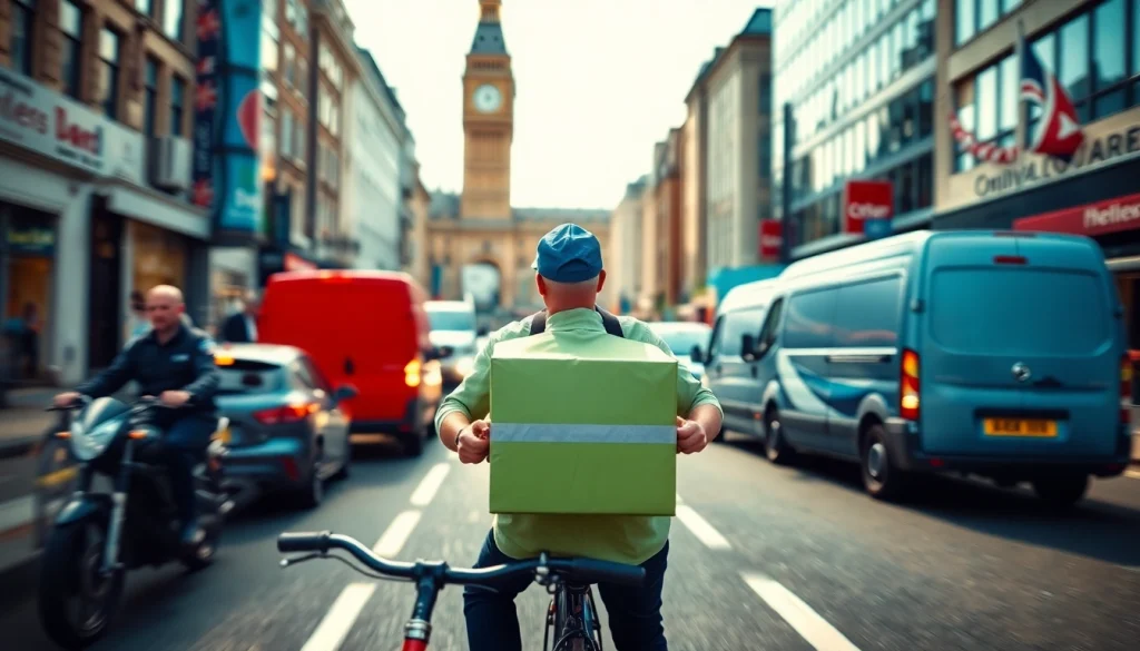 Same day courier service London depicted with a professional courier actively delivering in a busy urban landscape.