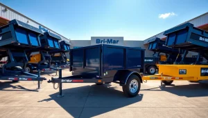 Explore Bri-Mar trailers for sale near me, featuring quality dump and equipment trailers in a professional setting.