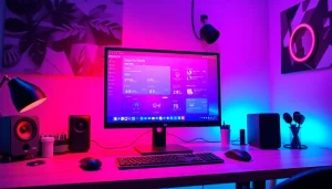 Promote quickq下载 by illustrating its vibrant user interface on a modern computer setup, highlighting its engaging features.