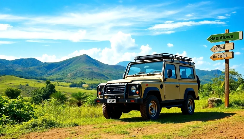 Experience car rental in Uganda with a scenic 4x4 vehicle amid beautiful landscapes.