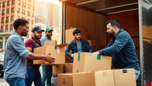 Queens movers efficiently loading boxes into a truck, showcasing teamwork in a bustling New York setting.