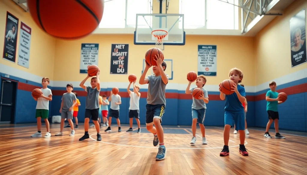 Young basketball enthusiasts practice their skills on a vibrant court filled with energy.