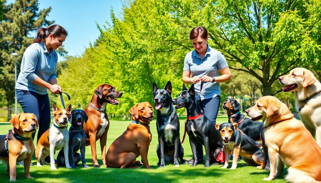 Engaging Dog Training Irvine session in a sunny park showcasing happy trainers and dogs.