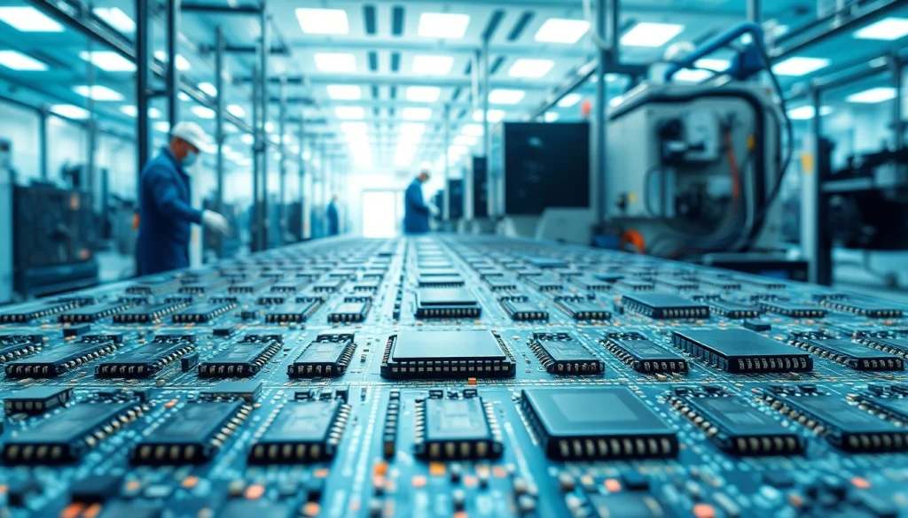 Microchips in a manufacturing facility, showcasing advanced technology and precision manufacturing.