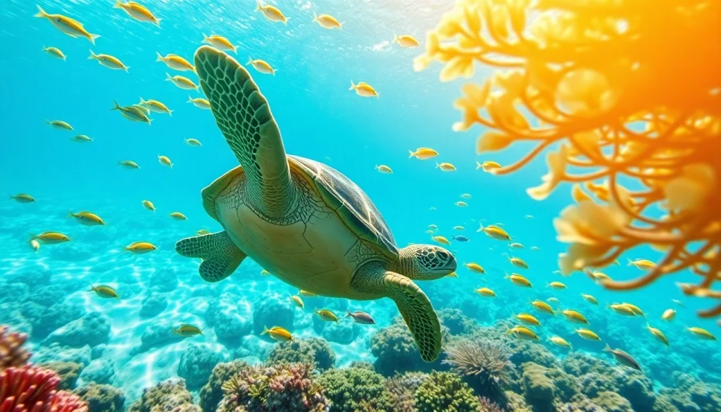 Swim beside a majestic green sea turtle during a breathtaking turtle snorkel experience underwater.
