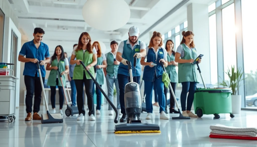 Commercial cleaning professionals efficiently working in a bright office environment with modern equipment.