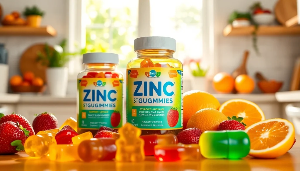Boost your immune health with Zinc Gummies, colorful fruit-flavored gummy bears in a bright kitchen.