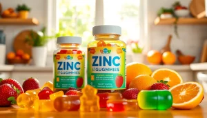Boost your immune health with Zinc Gummies, colorful fruit-flavored gummy bears in a bright kitchen.