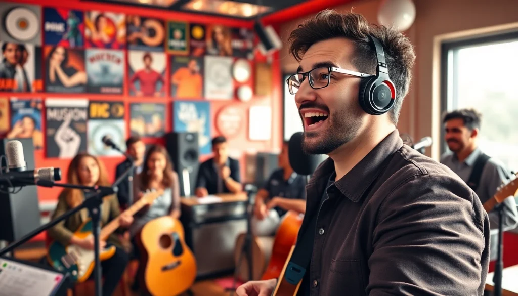 Musician engaging in music pitching to industry professionals in a dynamic studio setting.