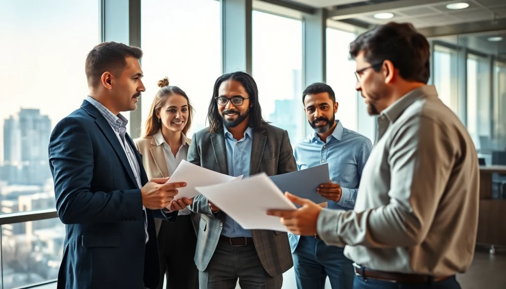 Engaging scene of diverse individuals discussing current politics in a modern office setting.