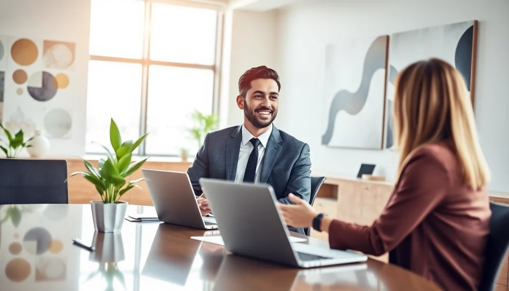 Purchasing consultant collaborating with clients in an elegant office setting.