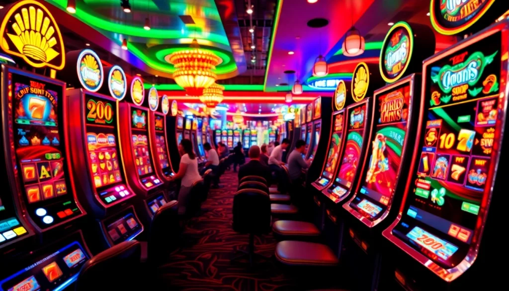Menampilkan situs slot batman138 dengan mesin slot berwarna cerah di kasino yang ramai.