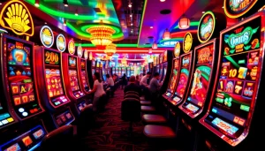 Menampilkan situs slot batman138 dengan mesin slot berwarna cerah di kasino yang ramai.