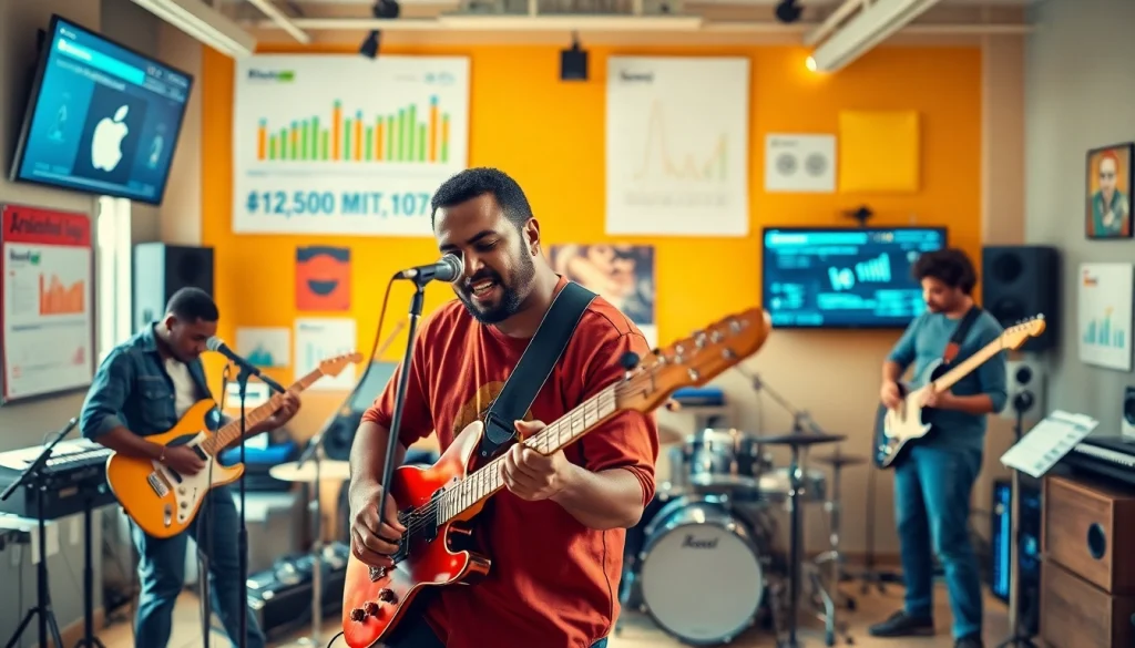 Showcasing musicians using music promotion services in a vibrant studio environment.