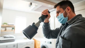 Experienced technician cleaning dryer vent franchises near me in a residential laundry environment.