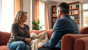 Engaged relationship coach facilitating a session with a couple in a warm office.