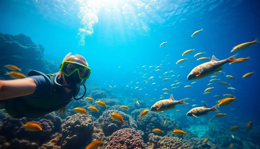 Swimmer using a turtle snorkel while diving among colorful marine life and turtles.