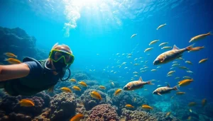 Swimmer using a turtle snorkel while diving among colorful marine life and turtles.