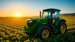 John Deere Traktor auf dem Feld mit modernem Design und glänzender Oberfläche.